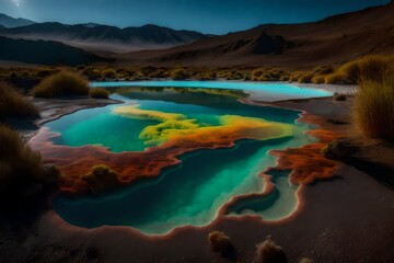 The surreal beauty of a thermal spring habitat, with geothermal features and unique microbial life