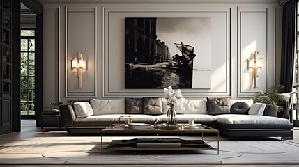 big rich living room, a big three seater sofa, stylish, luxurious, elite, classy, modern, copy space, 16:9