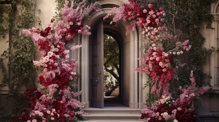  a doorway that has a bunch of flowers on the outside of it and a bunch of pink flowers on the outside of it.