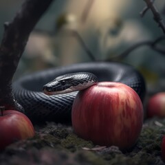 Black snake with an apple fruit in a branch of a tree. Forbidden fruit concept. - obrazy, fototapety, plakaty