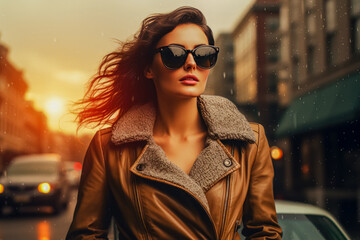 A stylish woman wearing sunglasses and a shearling jacket, her hair blowing in the wind, walks confidently on a city street as the setting sun casts a warm glow, accentuated by soft snowfall