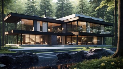 Obraz premium an artist's rendering of a modern house in the woods with stairs leading up to the upper level of the house.