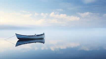  a small boat floating on top of a body of water under a cloudy blue sky with a small boat in the middle of the water.