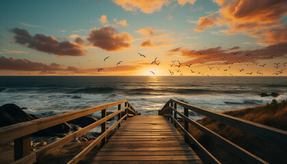 Obraz premium Sunset over the coastline, seagull flying in tranquil summer sky generated by AI