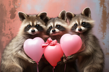 Lovely raccoons holding pink balloons shaped as hearts.  Surreal Valentine or happy birthday concept. Generative AI