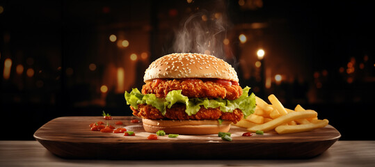 fresh crispy fried chicken burger sandwich with flying ingredients and spices hot ready to serve...