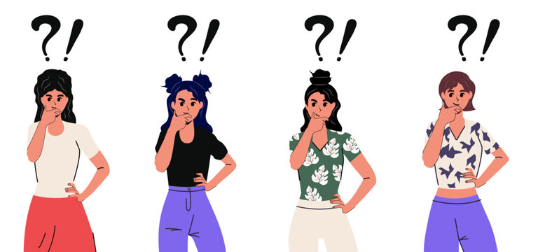 A set of girls who are thoughtful. Flat style. Characters. There are question marks and exclamation marks above the heads. Vector stock illustration. Isolated. White background.