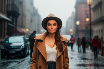 Fototapeta premium Chic woman in a fedora and trench coat on a foggy city street.