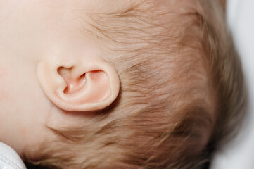 A small head ear of a newborn baby with black hair