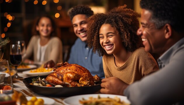 Familia sentada a la mesa celebrando las fiestas de Navidad. Cena tradicional. Familia feliz cenando en mesa festiva el día de Acción de Gracias.