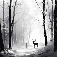 Deer and tree against white background, in the style of darkly romantic illustrations
