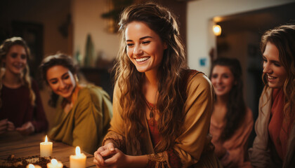 Young women smiling, enjoying a fun indoor party generated by AI