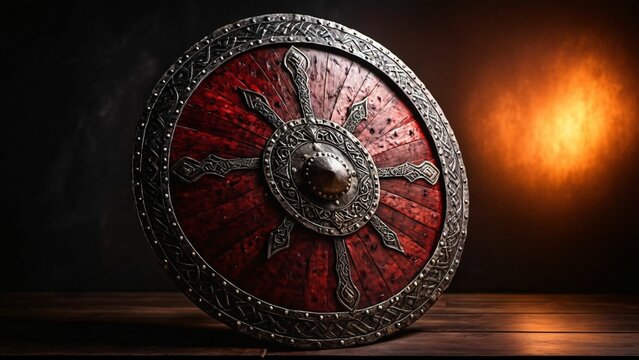 AI generated illustration of a wooden tabletop displays a circular shaped Viking shield