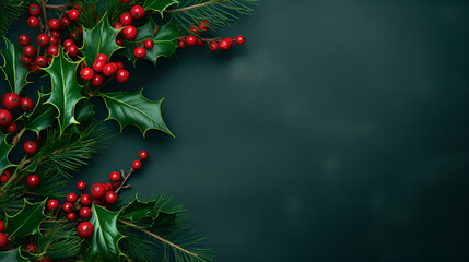 Christmas evergreen branch and red holly berry flat lay on green background. Basics for winter seasonal decor, creating an atmosphere of celebration and comfort. Copy space.