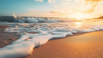 Hear the serene sound of waves crashing against the beach. Sunlight flickers on each wave as it arrives at the shore. Stop to admire the grandeur of nature. Created by AI.