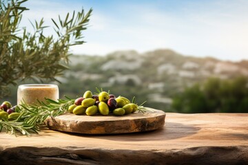 Old wooden table for product display with natural green olive field and green olives - obrazy, fototapety, plakaty