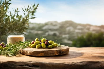 Foto op Aluminium Old wooden table for product display with natural green olive field and green olives © Lubos Chlubny