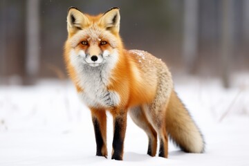 Fototapeta premium Furry animal red fox, vulpes vulpes, on snow in winter