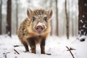Young wild pig in forest with snow. Wild boar, Sus scrofa. Wildlife animal in the nature habitat