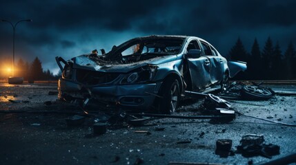 car collided on the road late into the night. - obrazy, fototapety, plakaty