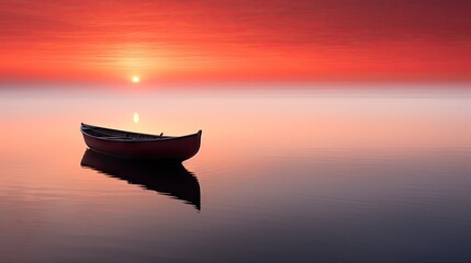  a small boat floating on top of a body of water under a red and orange sky with the sun in the distance.