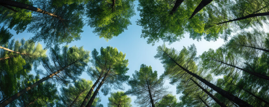 Looking up at the trees in green forest.