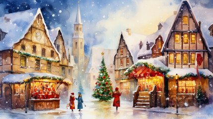 watercolor illustration of a christmas market in a village while snowing