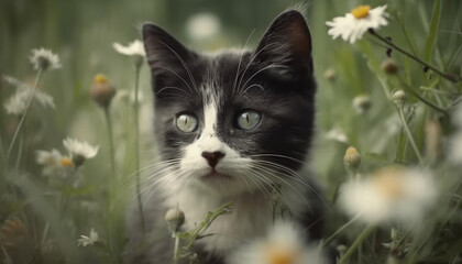 Fluffy kitten stares at camera, surrounded by yellow daisies generated by AI