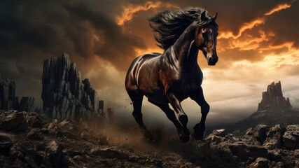 Black horse in the desert. Fantasy landscape. - obrazy, fototapety, plakaty