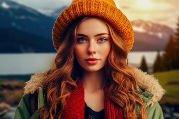A young woman with wavy hair wearing a mustard beanie and red scarf outdoors with mountains in the background. - obrazy, fototapety, plakaty
