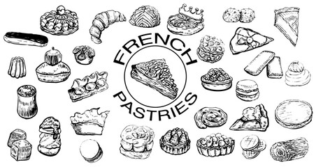 Set of varieties of French pastries ink vector illustration, croissant, macaroons, galette des rois, eclair, saint-honoré, crêpes, pie, Chouquettes, sablés, financiers 