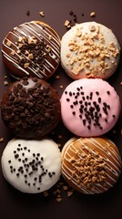  a group of doughnuts with different toppings on a brown surface with sprinkles and chocolate chips.