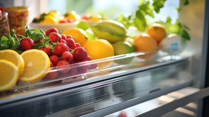 Refrigerator full of fresh fruits and vegetables, - obrazy, fototapety, plakaty