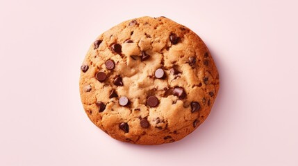  a close up of a chocolate chip cookie on a pink background with a bite taken out of one of the...