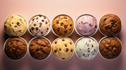Obraz premium a row of six ice creams with chocolate chip cookies in them on a pink and white background with a pink background.