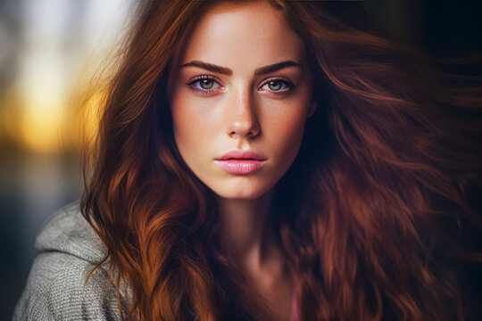 The photo depicts a close-up portrait of a woman with flowing auburn hair and striking features, including prominent eyebrows, intense eyes, and full lips