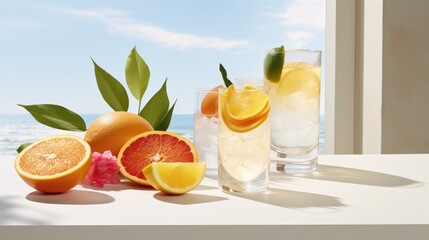  oranges, grapefruits, and lemons are arranged on a table with a view of the ocean.
