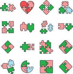 Naklejka premium Puzzle pieces icons set. Outline set of puzzle pieces vector icons thin line color flat on white