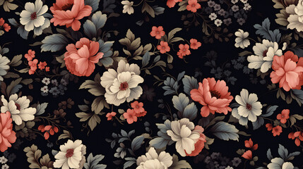 patron floral estilo antiguo con fondo color negro - obrazy, fototapety, plakaty
