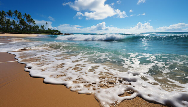 Blue wave splashing on sandy coastline, tranquil sunset over Caribbean waters generated by AI