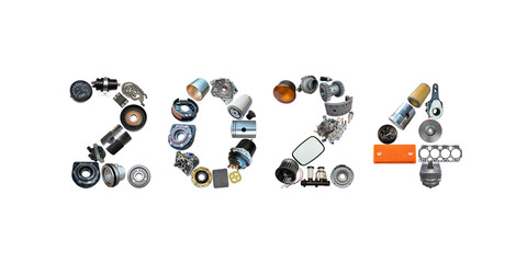 Number 2024 written with truck, tractors and car spare parts. New year concept for repair shop,...