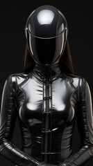 Frau Anonym in sexy schwarzen Cat Woman Leder Motorrad Outfit mit Helm im Hochformat für Banner, ai generativ