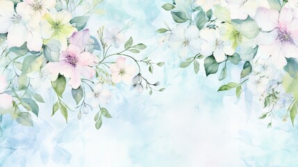 a watercolor painting of white and pink flowers on a blue background with a place for your text or image.