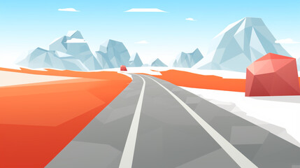 Illustration minimaliste et vectorielle d'un paysage coloré. Montagne, route, ciel. Espace pour conception et création graphique.