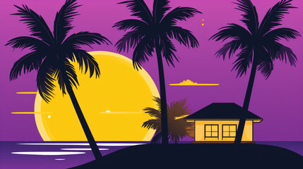 Illustration minimaliste et vectorielle d'un paysage coloré. Coucher de soleil, palmier, maison. Espace pour conception et création graphique.