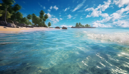 Idyllic tropical coastline, turquoise waters, palm trees, tranquil relaxation generated by AI