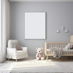 Cozy Nursery Room with Photorealistic Mockup of White Picture Frames and Pastel-Colored Baby Toys