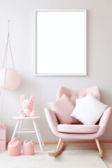 Fototapeta na wymiar Cozy Nursery Room with Photorealistic Mockup of White Picture Frames and Pastel-Colored Baby Toys