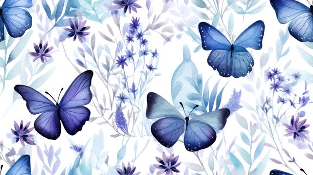  a watercolor painting of blue butterflies and purple flowers on a white background with blue leaves and purple flowers in the foreground.