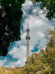 Almaty TV Tower view through the trees in summer